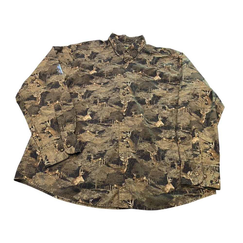 Cabelas Mens Shirt XL Green Camo Whitetail Deer Buck Button Up Snap Pocket